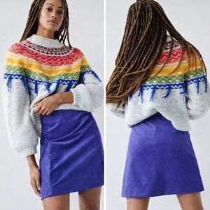 SAYLOR Payton Rainbow Fringe Fair Isle Crewneck Sweater Gray Size L